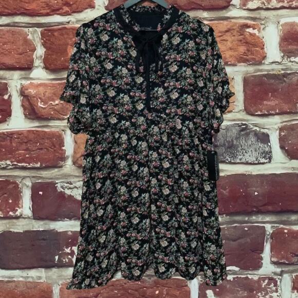 Signature Studio Dress Women's Size 12 Black Multicolor Ditsy Floral Zip Up - Picture 1 of 8